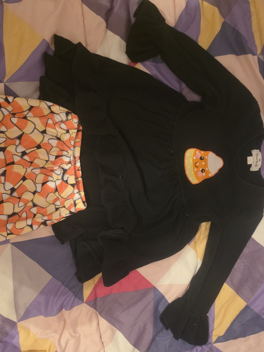 Black Long-Sleeve Girls Top with Candy Corn Applique
